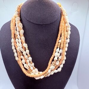 Vintage 6 Strand Wood Bead Shell Strand Necklace Gold Tone Accents Layered 16”